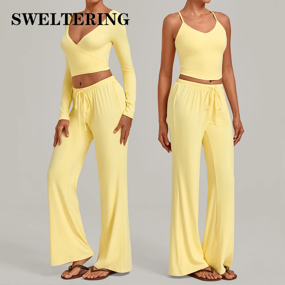 Ensemble de yoga 2 pièces pour femmes, vêtements de sport, tenue de fitness, pantalon évasé, soutien-gorge de sport, haut court, ensembles de sport, vêtements de yoga