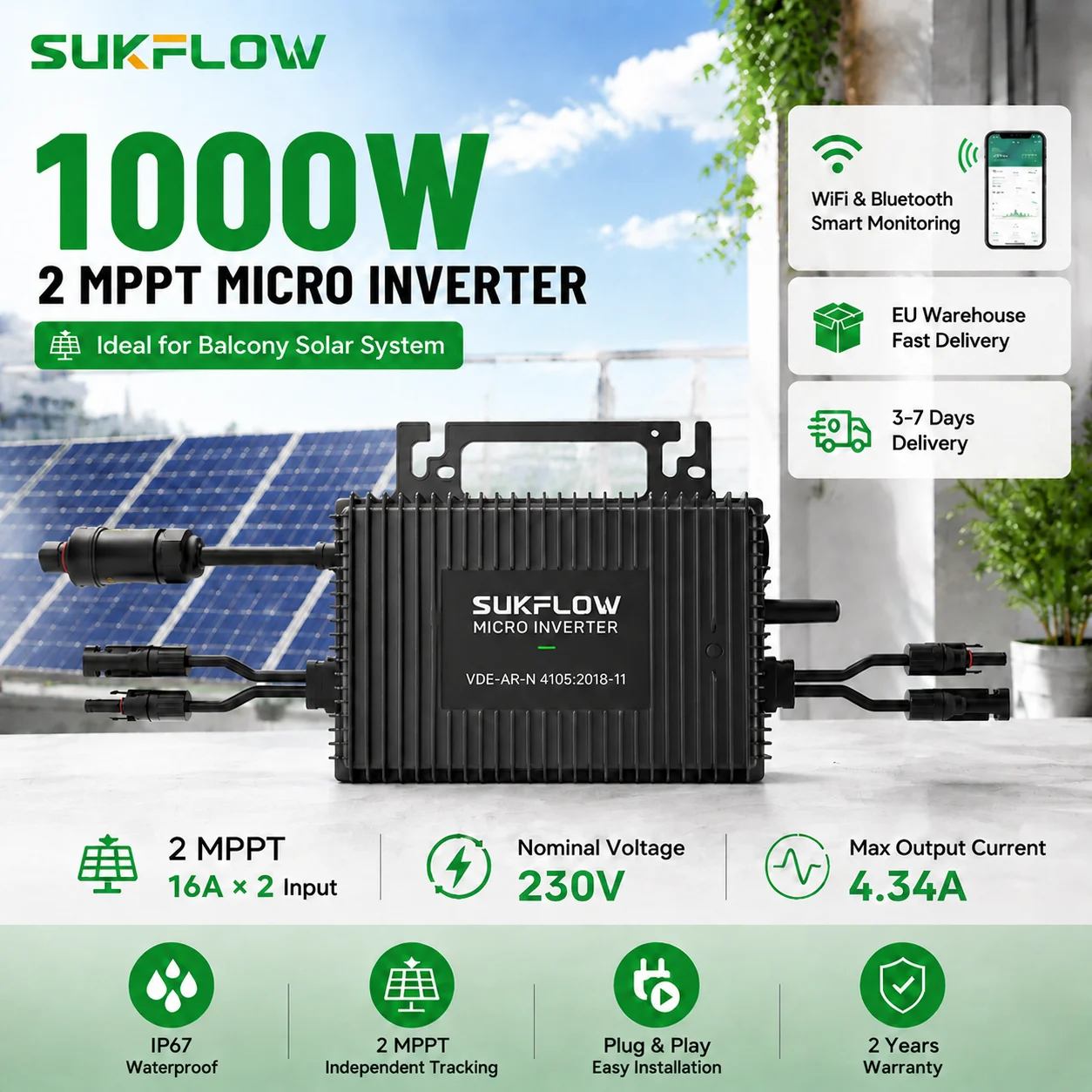 Micro-onduleur solaire SUKFLOW 1000W, onduleur connecté au réseau, double MPPT, surveillance WiFi, étanche IP67, onduleur PV MPPT pour système solaire de balcon