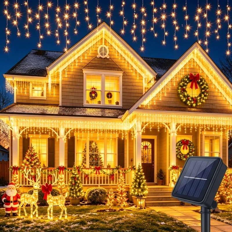 Christmas Stair Garden Solar Curtain Icicle Light Outdoor Eaves Decor String Lights Garden Party Yard Decoration Holiday Garland