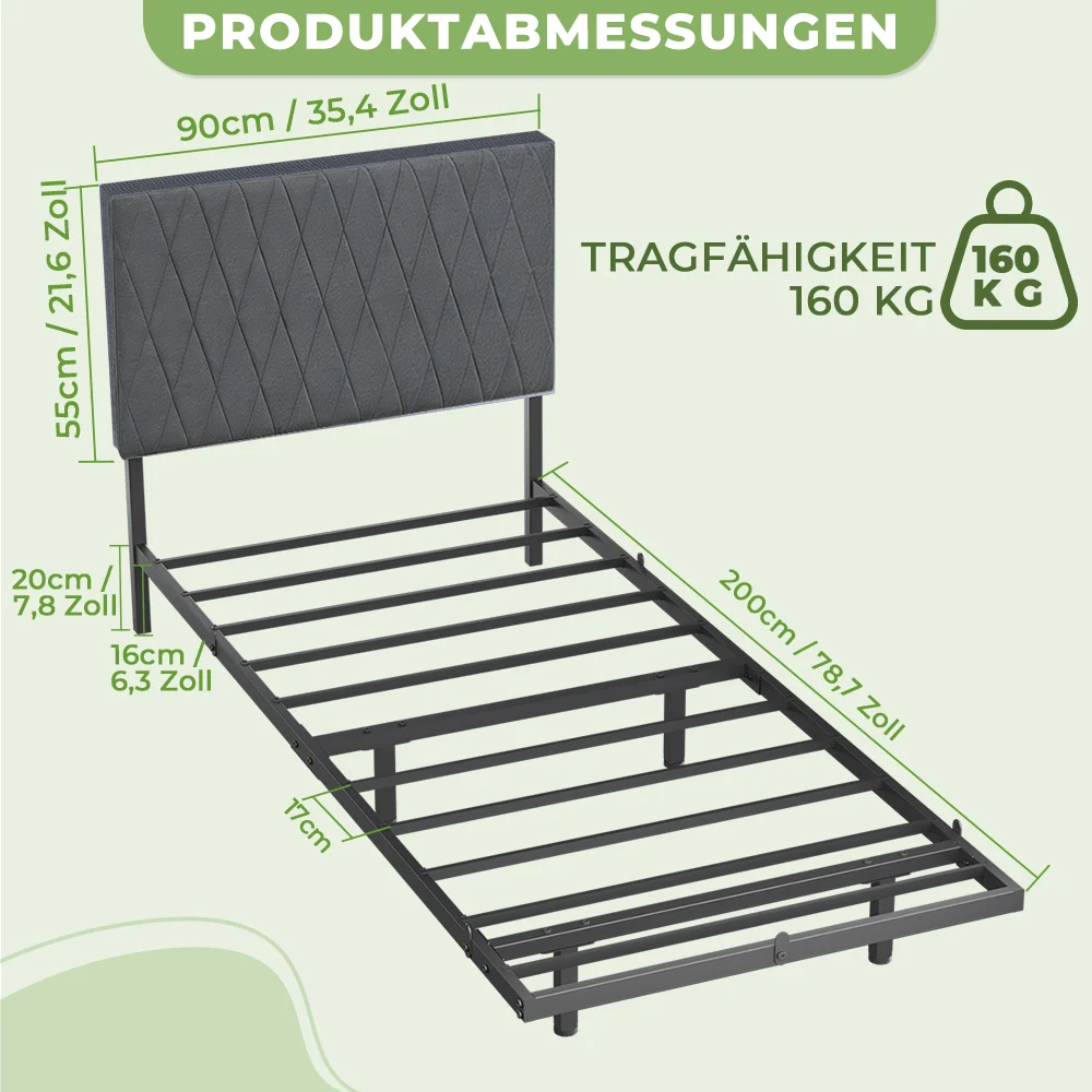 Schwerer schwebender Stahl-Metallbettrahmen 90x200 / 140x200 cm Einzel- und Doppelbett mit Metall-Lattenboden und grau gepolstertem Kopfteil, 16 cm Stauraum unter dem Bett, stabiles Bettgestell als Schlafzimmermöbel