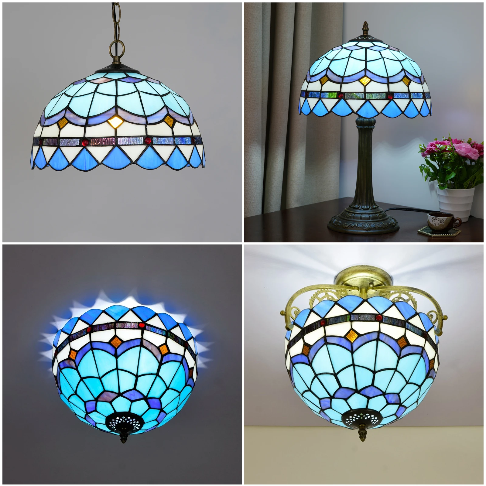 Blauer Mediterraner Lampenschirm 12 Zoll Breit Zubehör Ersatz-Lichtschirm Tiffany Buntglas-Lampenschirm für Tischlampe