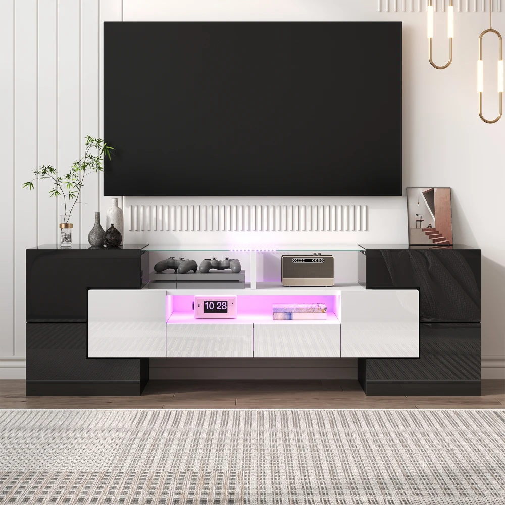 PINGGO Hochglanz Weiß TV-Schrank 145CM mit LED-Beleuchtung Modernes Design Elegantes Glas-Lowboard für Wohnzimmermöbel