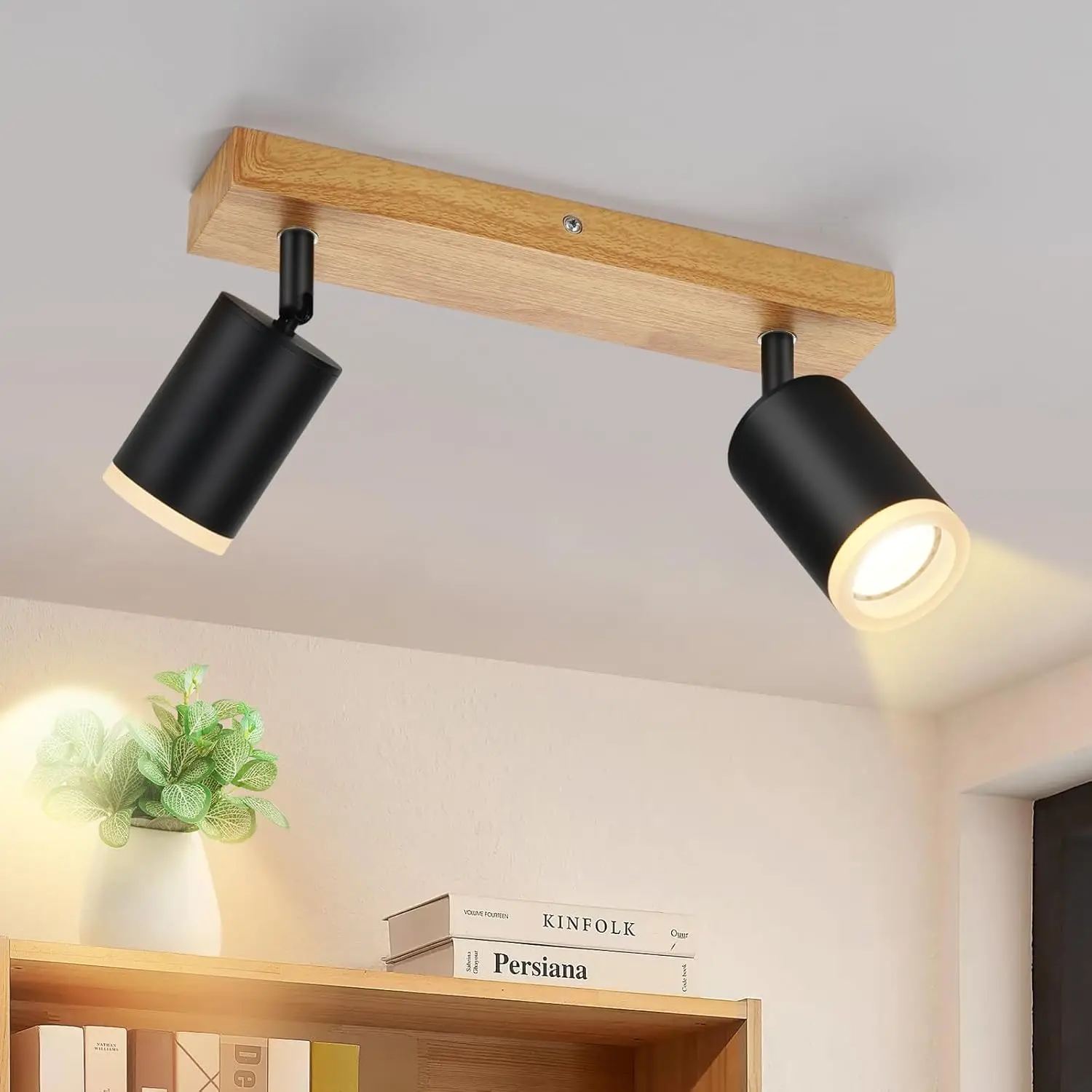Deckenstrahler Schwarz Deckenspots 2 Flammig - Küchenlampe GU10 Holz Wandstrahler 350° Drehbar Vintage Flur Strahler Retro Industrial für Wohnzimmer Schlafzimmer Küche(Ohne Leuchtmittel)