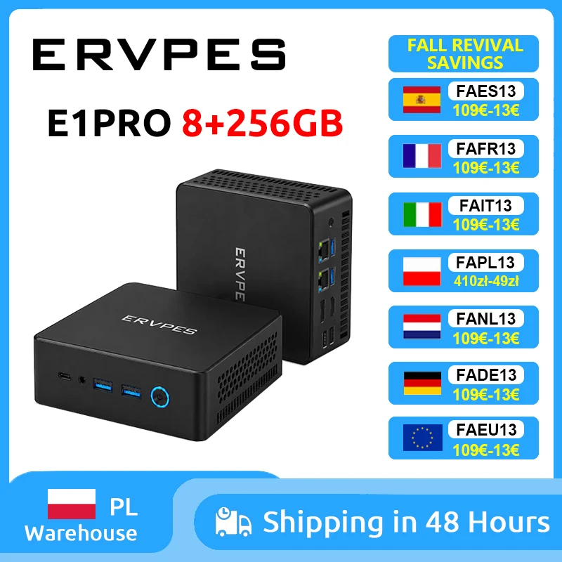 ERVPES E1PRO Mini-PC 8GB LPDDR4 256GB SSD Intel N4505 Windows 11 Pro Dual-Band WLAN BT5.0 Büro-Desktop Mini-Computer