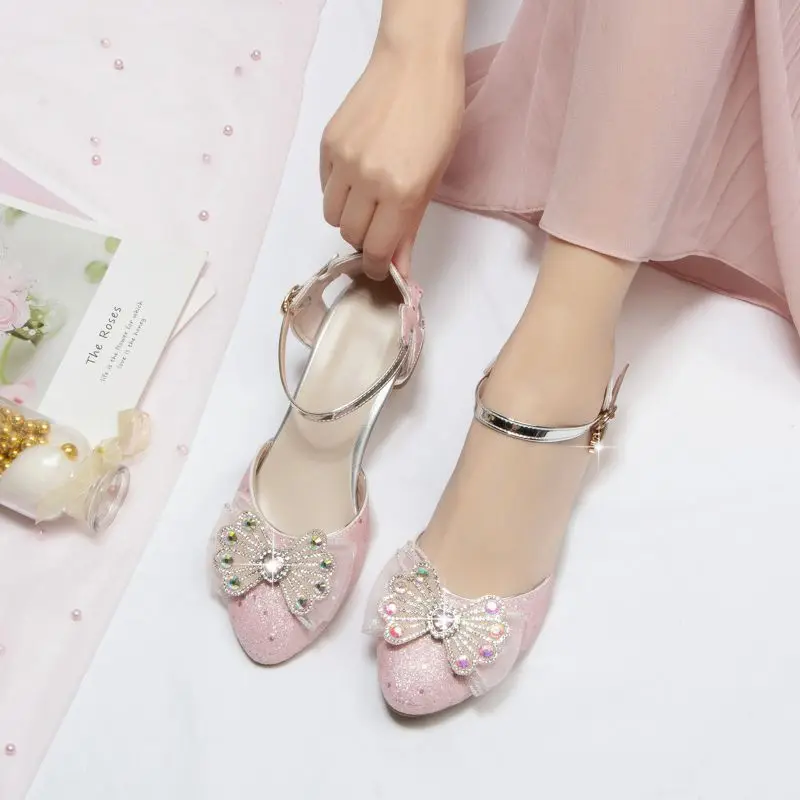 Girseaby Prinzessin Mädchen-Sandalen, runde Zehen, Schleife, Strass, Schmetterling, Schnalle, kleine Größe 30, süße Damenschuhe, 42 43