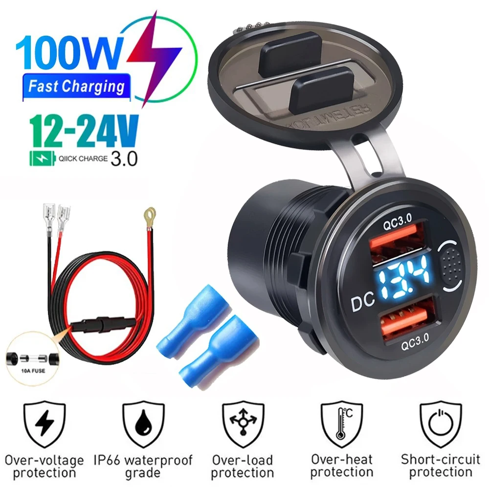 12V 24V USB-Autoadapter, Schnellladegerät fürs Auto, Dual-Port-USB-Ladebuchse USB-C PD & Dual QC 3.0 für Auto und Motorrad