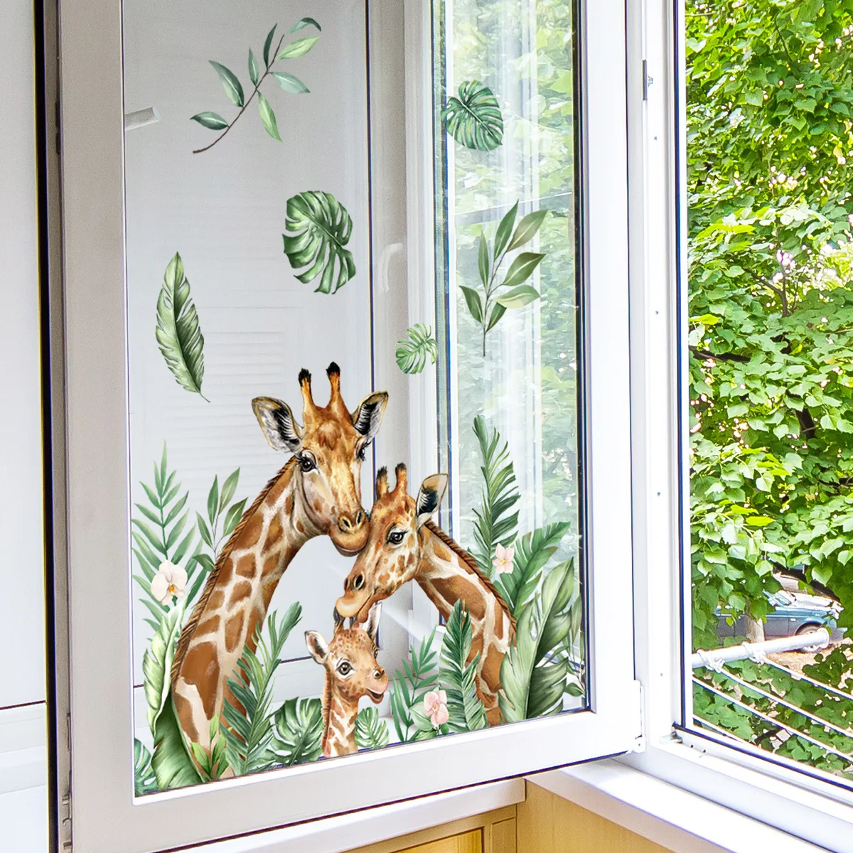 Süße Giraffe Familie grüne Blätter Wandaufkleber Kinder Baby Zimmer Dekor Tapete Wohnzimmer Schlafzimmer Wand Dekor Tiere Wandtattoos