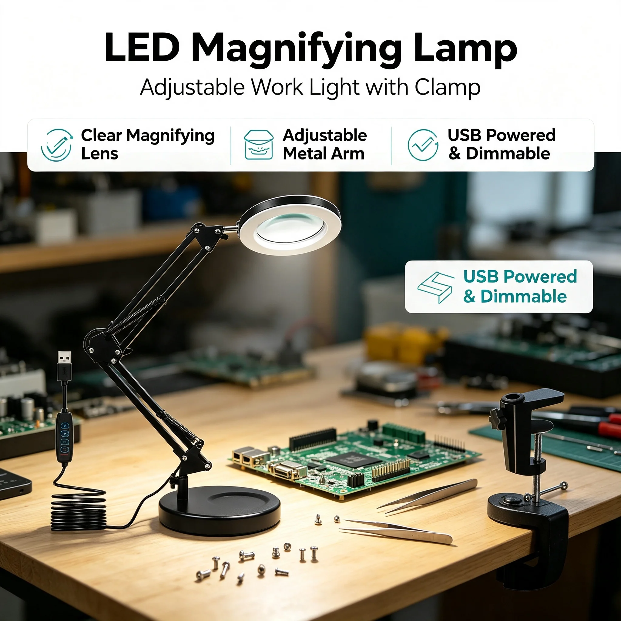 10-fache LED-Schreibtisch-Lupenlampe mit Klemme & Standfuß, Einstellbare Lupenleuchte zum Lesen, Basteln, Löten, für Ästhetik, Reparaturen, Büro & Zuhause