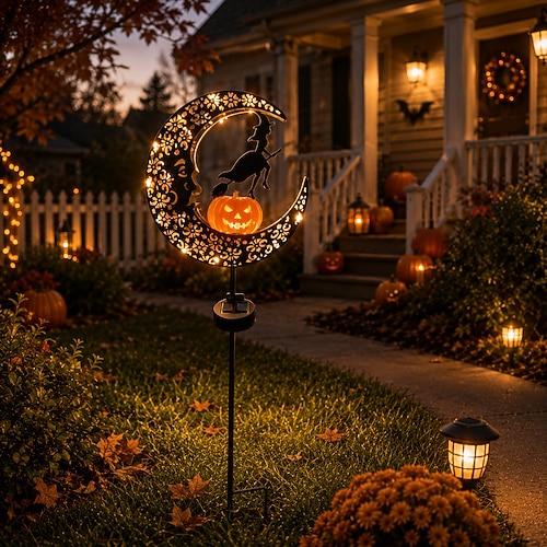 strega solare di Halloween Luce da giardino a forma di zucca e luna, decorazione da giardino a forma di mezzaluna illuminata con strega, decorazione di Halloween per esterni per giardino, prato,