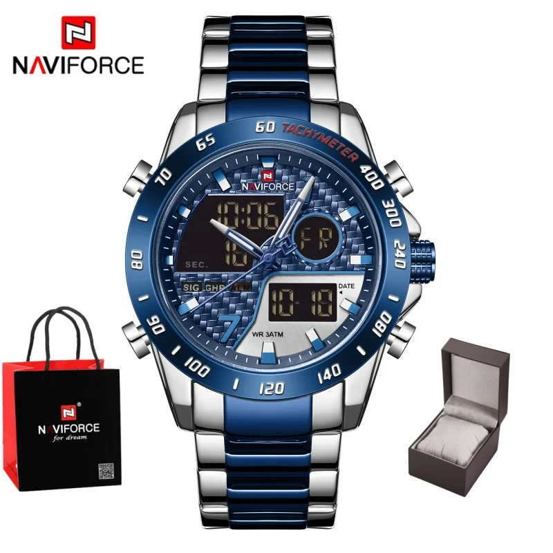 Montre mécanique numérique NAVIFORCE pour homme, étanche 3ATM, lumineuse, avec affichage de la date et du jour, en acier inoxydable, pour le sport et les activités de plein air, coffret cadeau