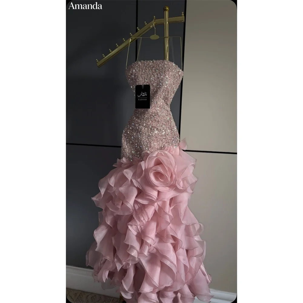 Amanda Customized Strapless Beaded 3D Ruffle Floral Mermaid Prom gown Evening dress Pink Rhinestone Glamorous vestidos de noche