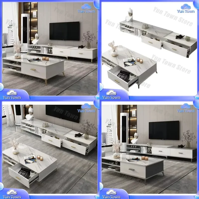 Marmor-Furnier Couchtisch TV-Schrank Kombination für Moderne Wohnzimmer-Möbelgarnitur Leichter Luxus Einfacher Ausziehbarer Fernsehtisch