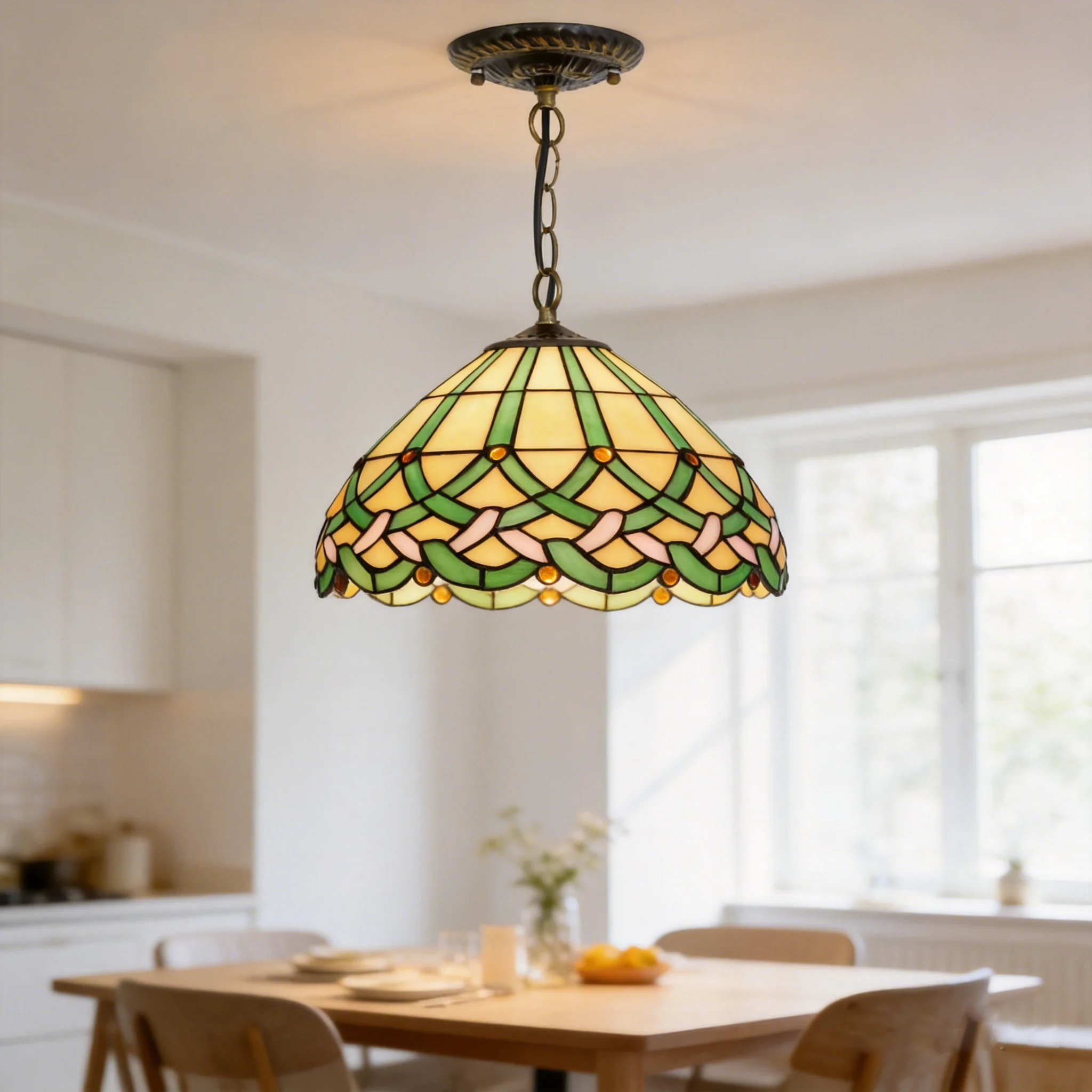 Mediterraner Kronleuchter im Retro-Tiffany-Stil, Bunte Glas-Tiffany-Lampe, Kreativer Ländlicher Kronleuchter für Bar, Schlafzimmer und Balkon
