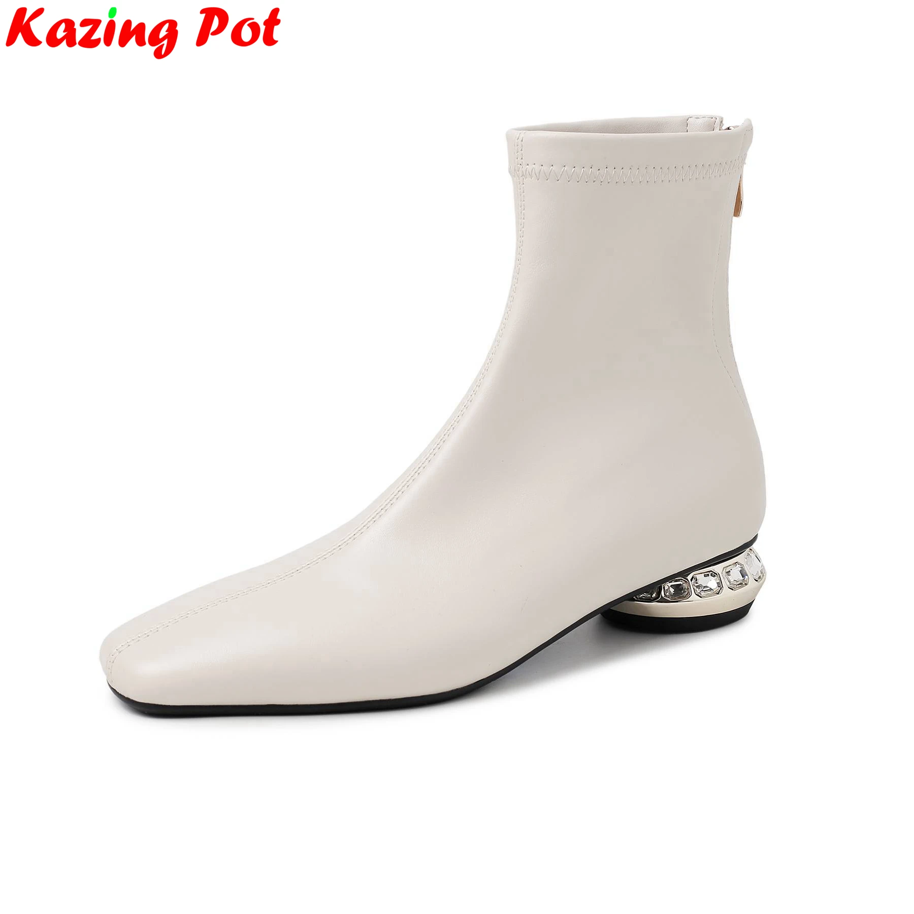 Krazing Pot Plus Größe 34-42 Pu Karree Low Heels Kristall Stretch Moderne Stiefel Warme Winter Schuhe Dating elegante Stiefeletten