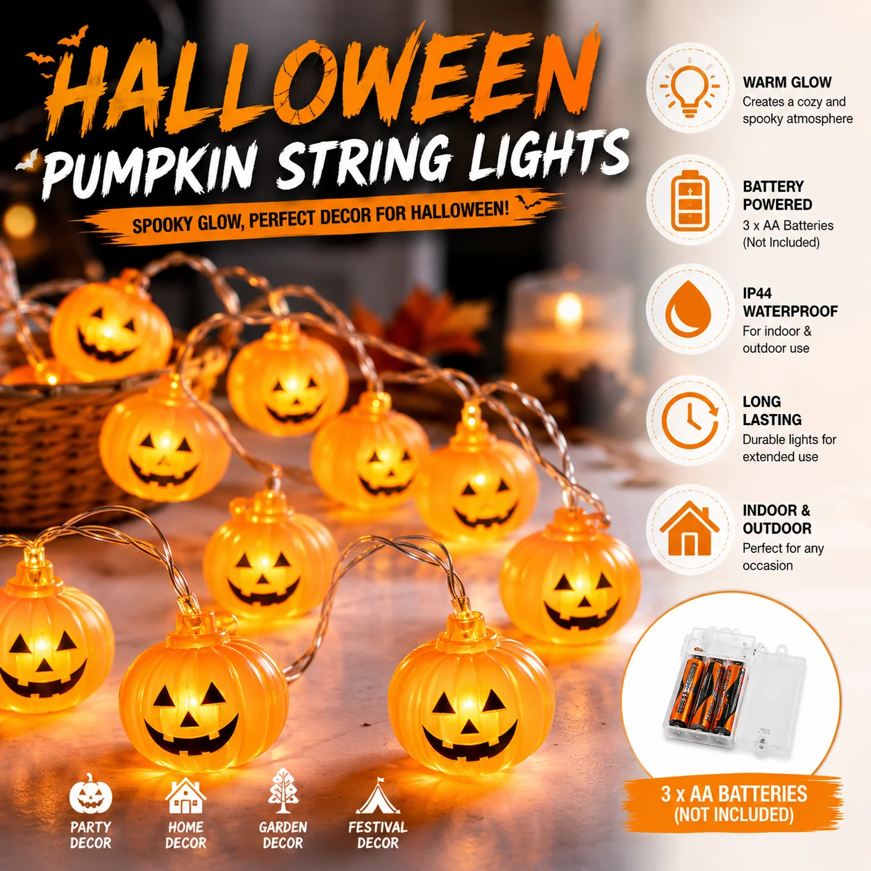 Halloween-Leuchtkürbis-Laternen-Lichterkette für den Innen- und Außenbereich, 3D-Form, 10/20 LEDs, batteriebetrieben, für Zuhause, Feiertage, Party-Dekoration
