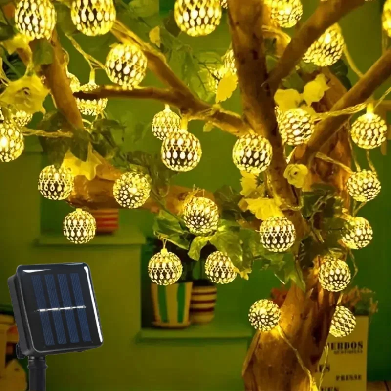 Marokkanische Solar-Lichterkette mit Kugeln, wasserdicht, 8 Modi, Laternenbeleuchtung für Haus, Garten, Weihnachtsfeier, Dekoration