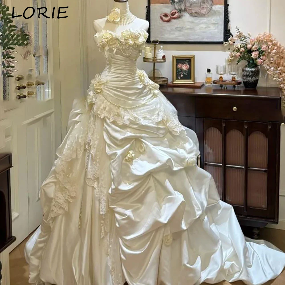 LORIE Vintage 3D Flower Wedding Dresses Applique Puff Strapless A-Line Backless Boho Bridal Gown Customized Party Dresses 2026