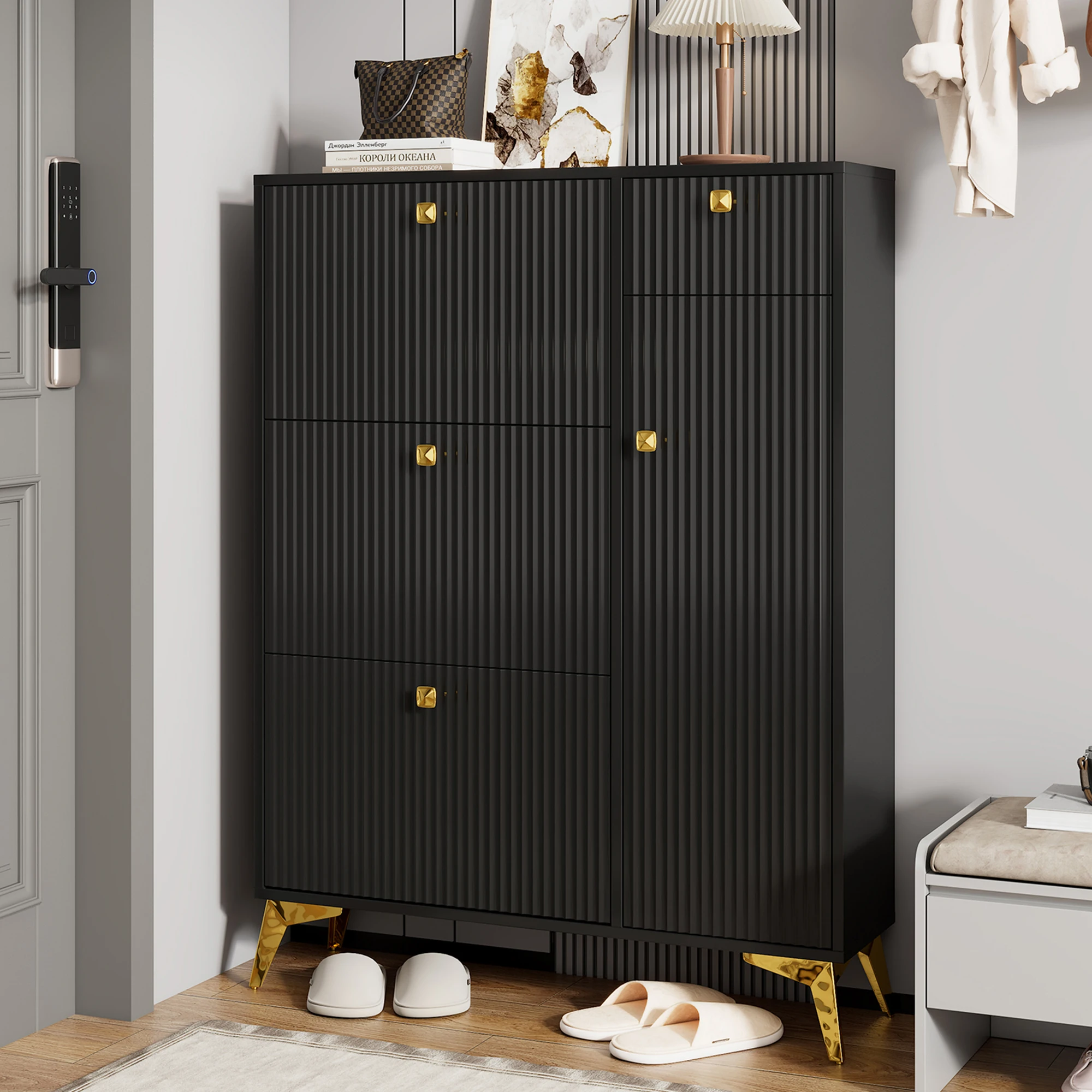 Schuhschrank schmal mit 3 Klappen, 1 Schublade & 1 Tür, Schuhkipper modern, Schuhregal mit Stauraum Weiß/Schwarz