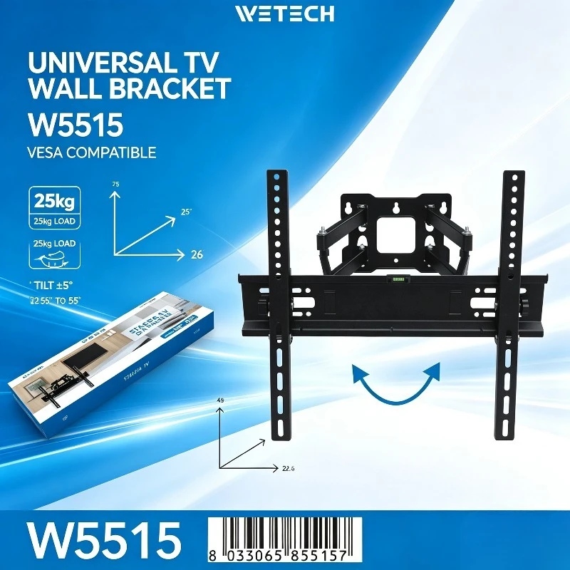 WETECH W5515 Vollbewegliche TV-Wandhalterung für 26-55 Zoll Fernseher, maximale Belastung 25 kg ±15 ° Neigbare TV-Halterung für mehrere VESA-Größen mit Wasserwaage für LED-LCD-Flachbildschirme
