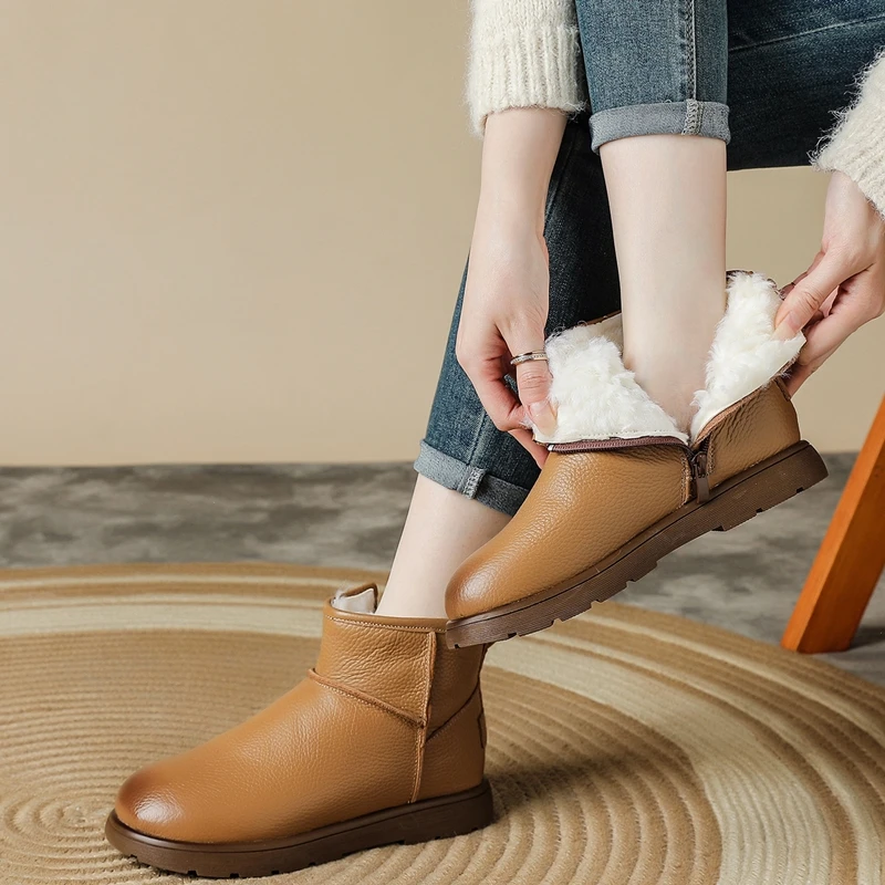 Damen-Schneestiefel aus echtem Leder, rutschfest, bequem, knöchelhohe Stiefel und kurze Stiefel, Damen-Winterschuhe mit Wollfutter, warme Damenschuhe.