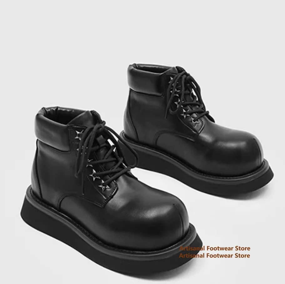High-Top-Stiefel für Herren mit Erhöhung, große runde Zehenpartie, Schnürschuhe, Freizeitschuhe, britischer Stil, Vintage-Stiefel aus schwarzem Leder, Herrenschuhe