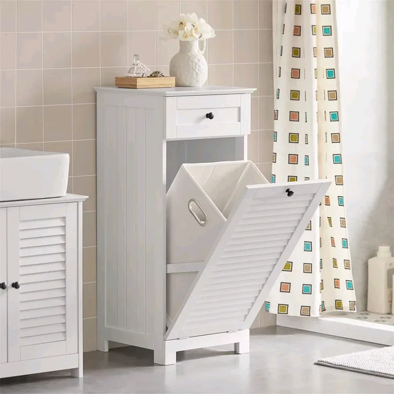！@Combohome Weißer Badezimmer-Wäschekorb aus Holz, Wäscheschrank mit Schublade