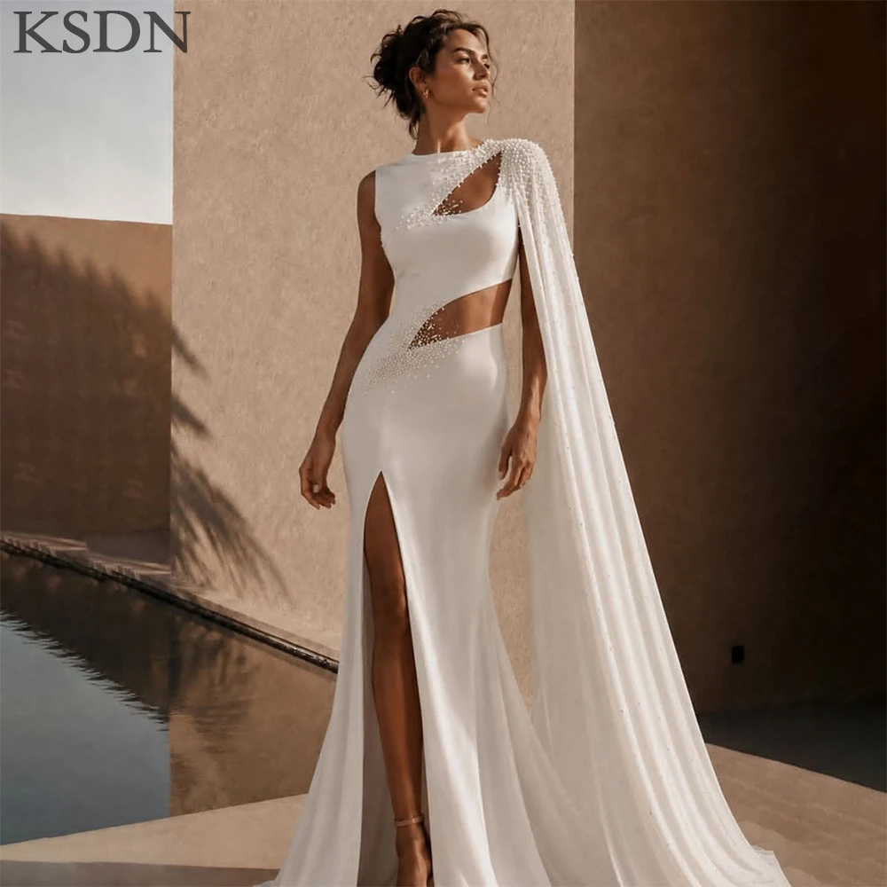 Luxury White Pearls Evening Dresses Fashion O-Neck Cap Long Sleeve Split Gowns Formal Occasion Elegant Women Dress