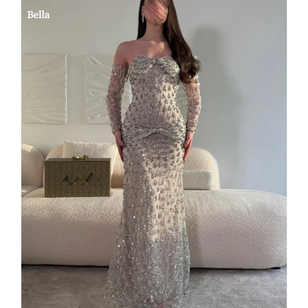 Bella Customized Silver Strapless Beaded Prom Dress Long Sleeve Mermaid robes de soirée Formal Evening Gown Party Dresses 2026