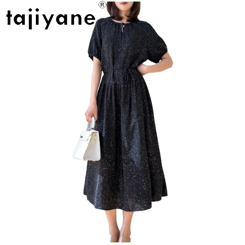 TAJIYANE Women's Casual Dresses 100% Mulberry Silk Star Print Midi Dresses for Woman O-Neck A-Line Frocks Summer Clothes 2026원피스