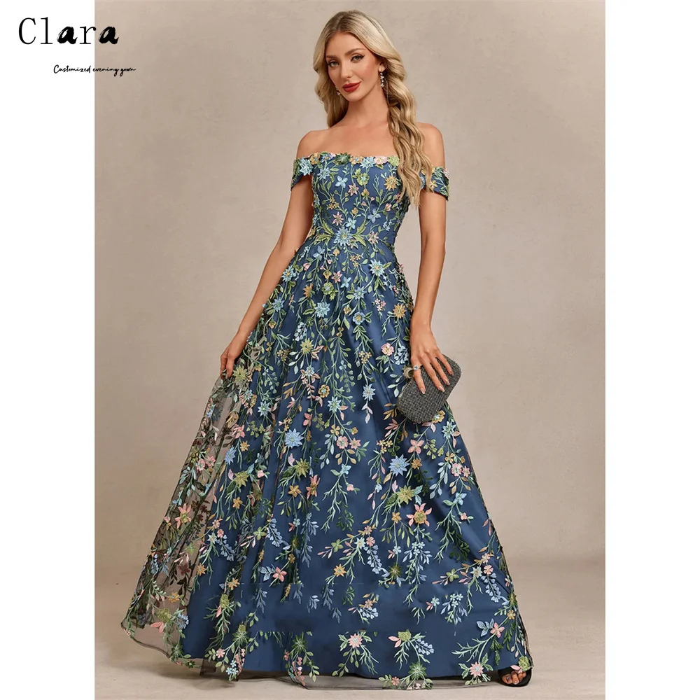 Clara Custom A-line Off-shoulder Lace Navy Blue Luxurious Women's Evening Dresses for Events Elegant Woman Dress Long Prom Dress