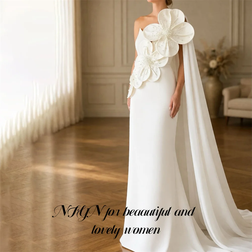 NFYN White Satin Prom Dress One Shoulder Celebrity Dresses with 3D Flowers Women's Evening Dress for Gala Slim Fit Customized