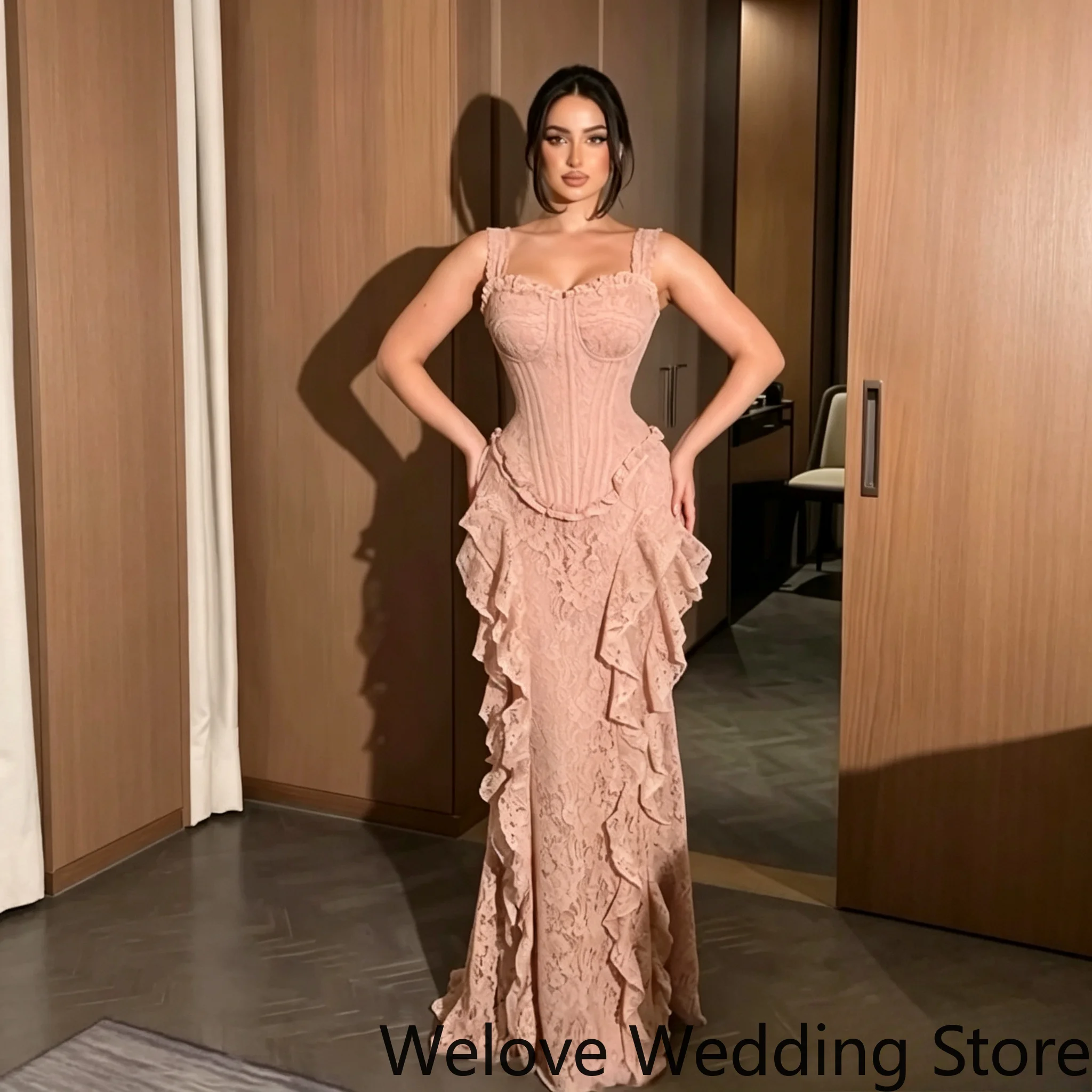 Customized Elegant Coffee Brown Modest Wedding Guest Dress High Neck Sheer Lace Yoke Long Sleeves Vertical Rhinestone
