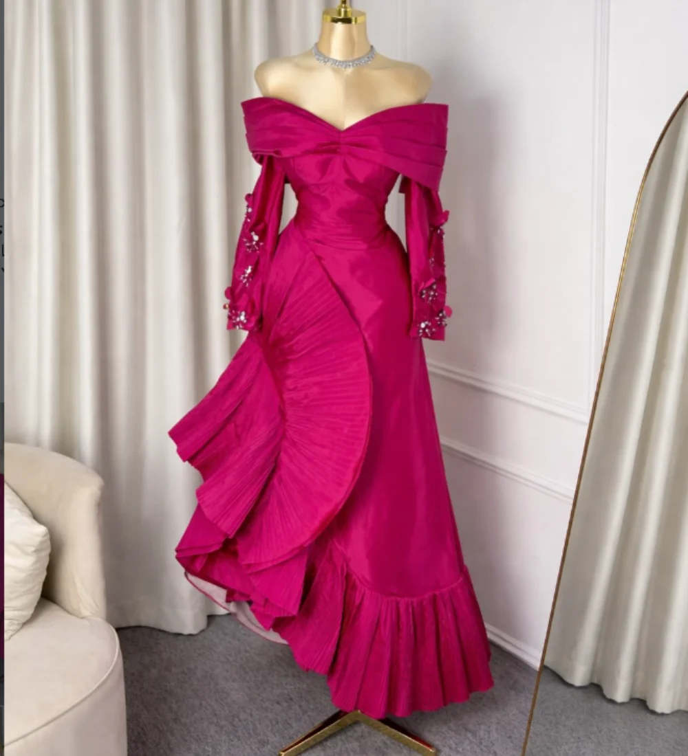 Customized Sparkle Charmeuse Pleat Ruched A-line Off-the-shoulder Long Bespoke Occasion Evening Dresses Chinese Style