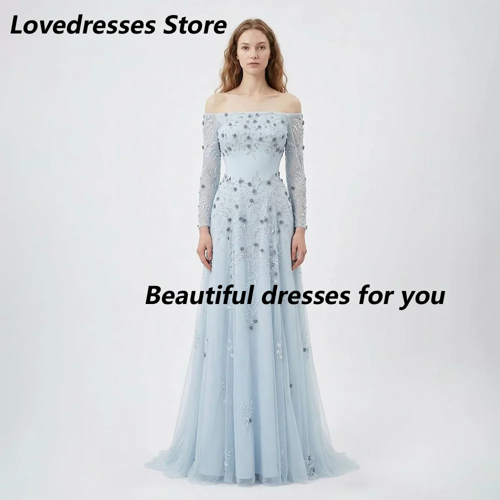 Luxury Crystal Appliques Evening Dress Off Shoulder Boat Neck 3/4 Sleeves Beaded Tulle A Line Long Formal Party Dress Customized