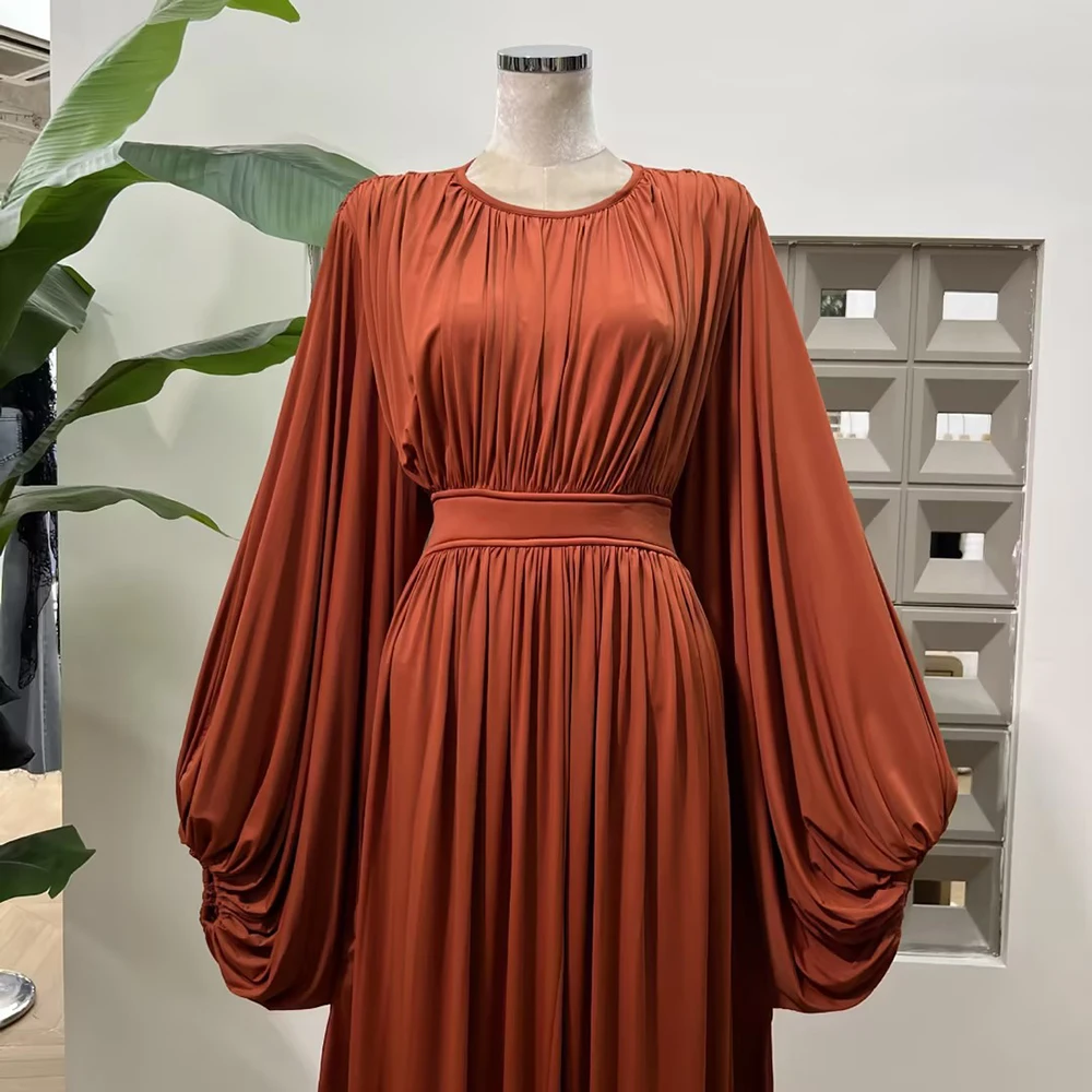 Pleated Chiffon Corset Long Dress, Elegant Round Neck Dress, Soft and Comfortable Long Muslim Dress.-GZXX571