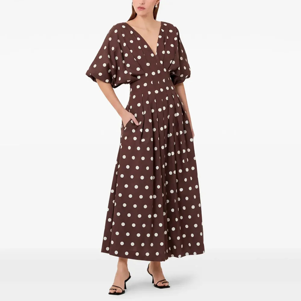 Customized Modern Women's Party Gowns Polka Dots Ankle Length Evening Party Dresses Maxi Pockets Half Sleeves Cocktail Dress