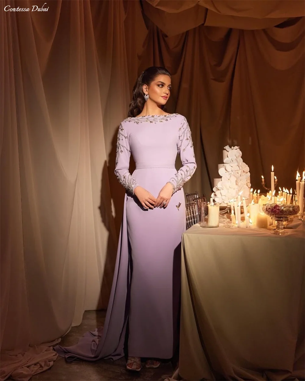 Contessa Custom evening dress prom dress elegant lilac crepe gown bateau neck long sleeve beaded sleeves train for wedding guest