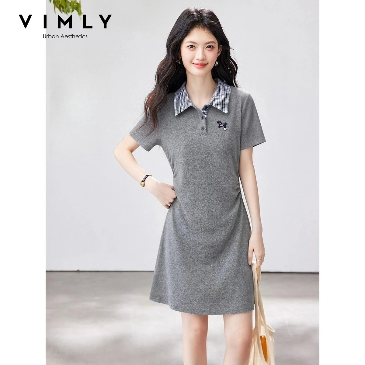 VIMLY Women's Short Sleeve Shirt Dress 2026 Summer New Gray Fashion Color Block Lapel Collar Pleated Waist Mini Dress 30865