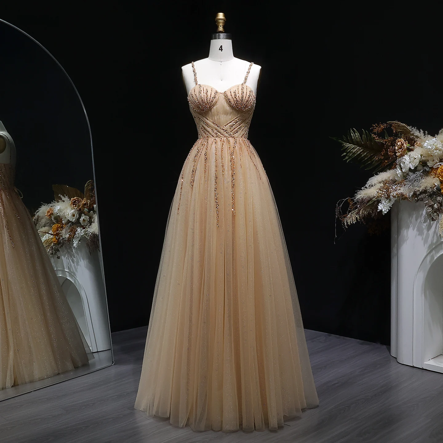Sharon Said Champagne A Line Prom Dress Long Pleated Sequined Pearls Tulle Formal Occasion Party Gowns SH410 Customized