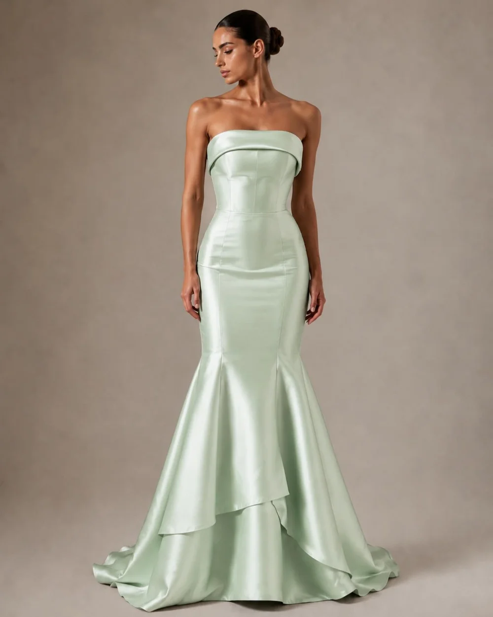 Customized Elegant Women Charmeuse Ruched Pleat Mermaid Evening Dresses Fashion Strapless Sleeveless Floor Lenght Prom Dresses