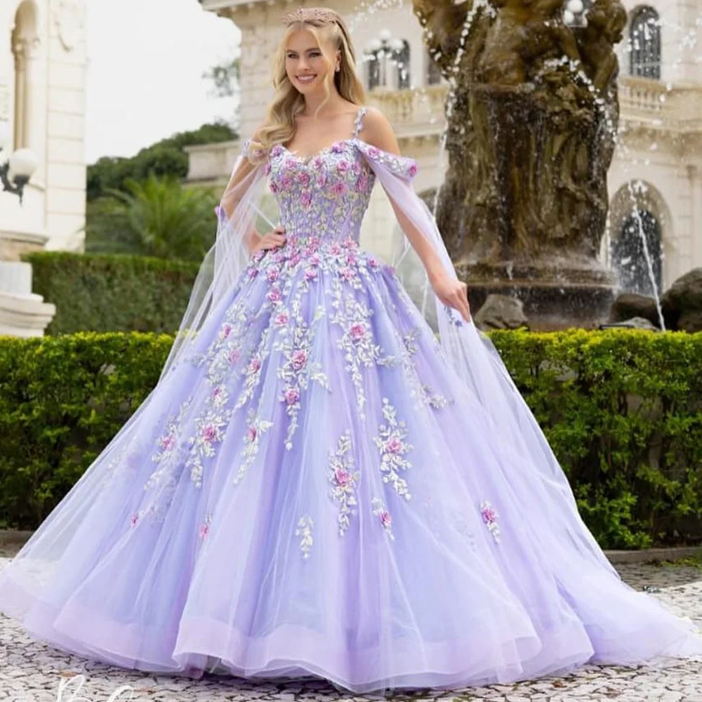 Customized Flower Quinceanera Dress With Cape Sleeves 3D Flower 15th Vestidos De Quinceañera Lilac Birthday Photography Gown