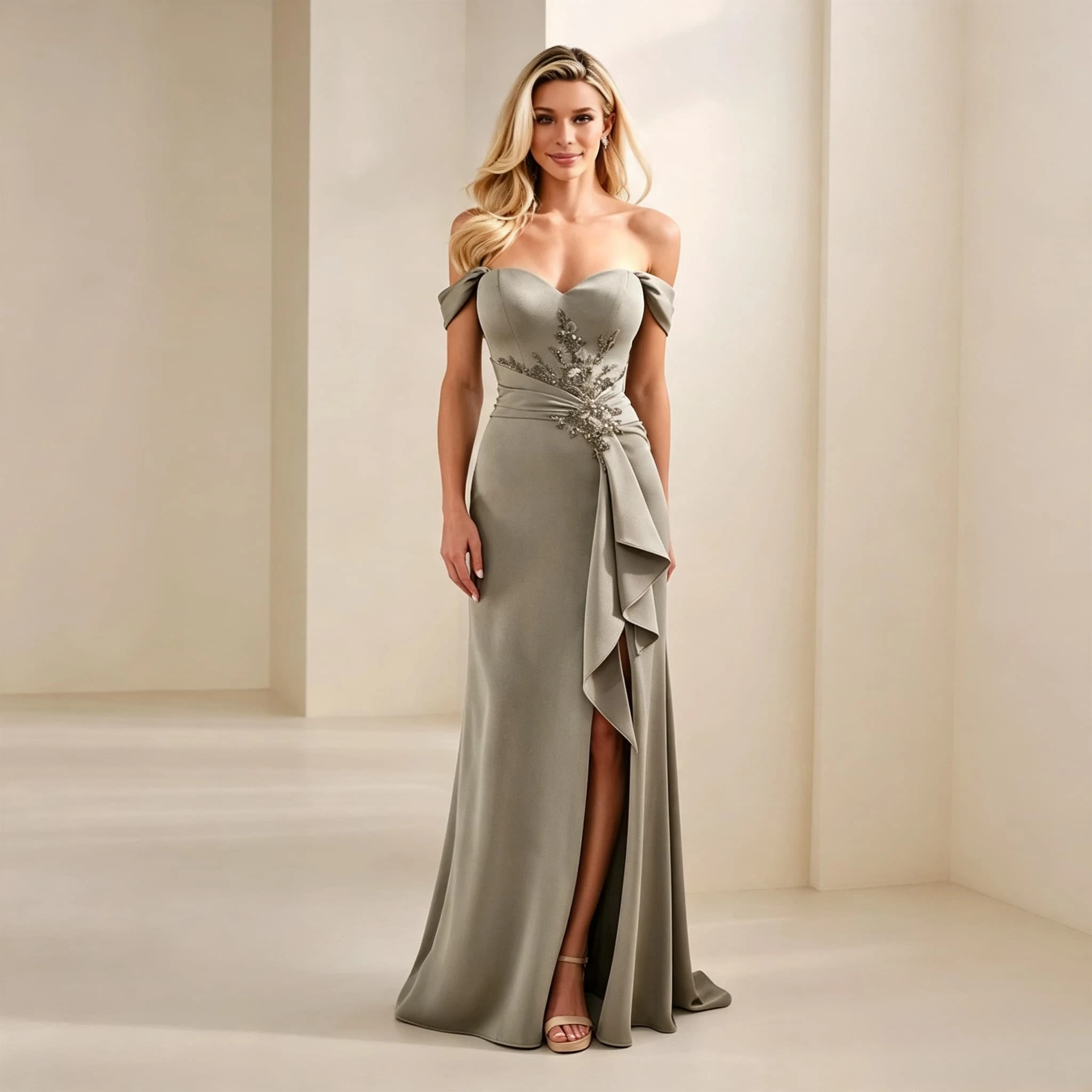 Customized Mermaid Evening Dress Off Shoulder Wrap Waist Floral Rhinestone Appliques High Side Slit Crepe Long Wedding Prom Gown
