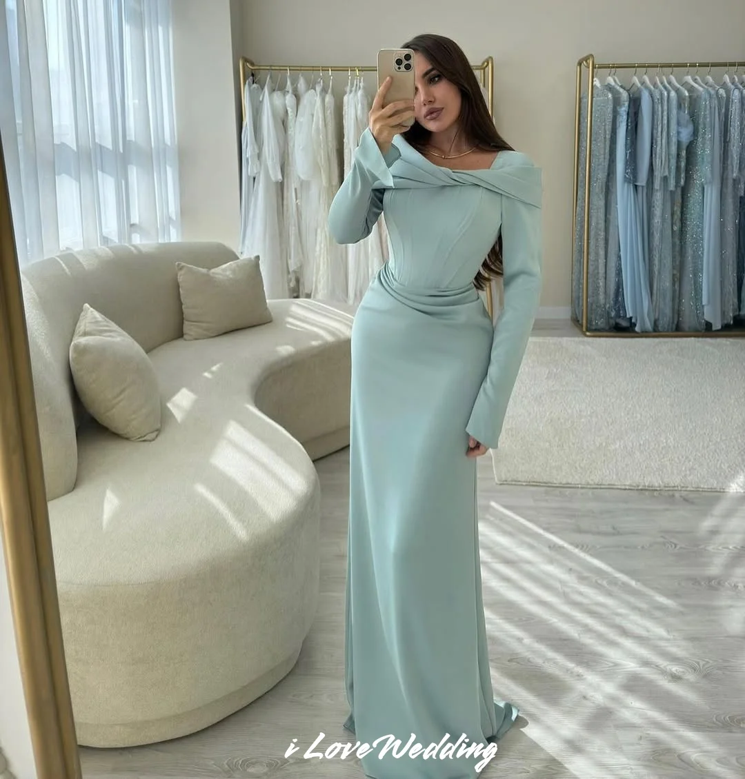 Sky Blue Off the Shoulder Evening Dresses 2025 Long Sleeve Corset Ruched Mermaid Prom Dresses Wedding Party Dress Customized