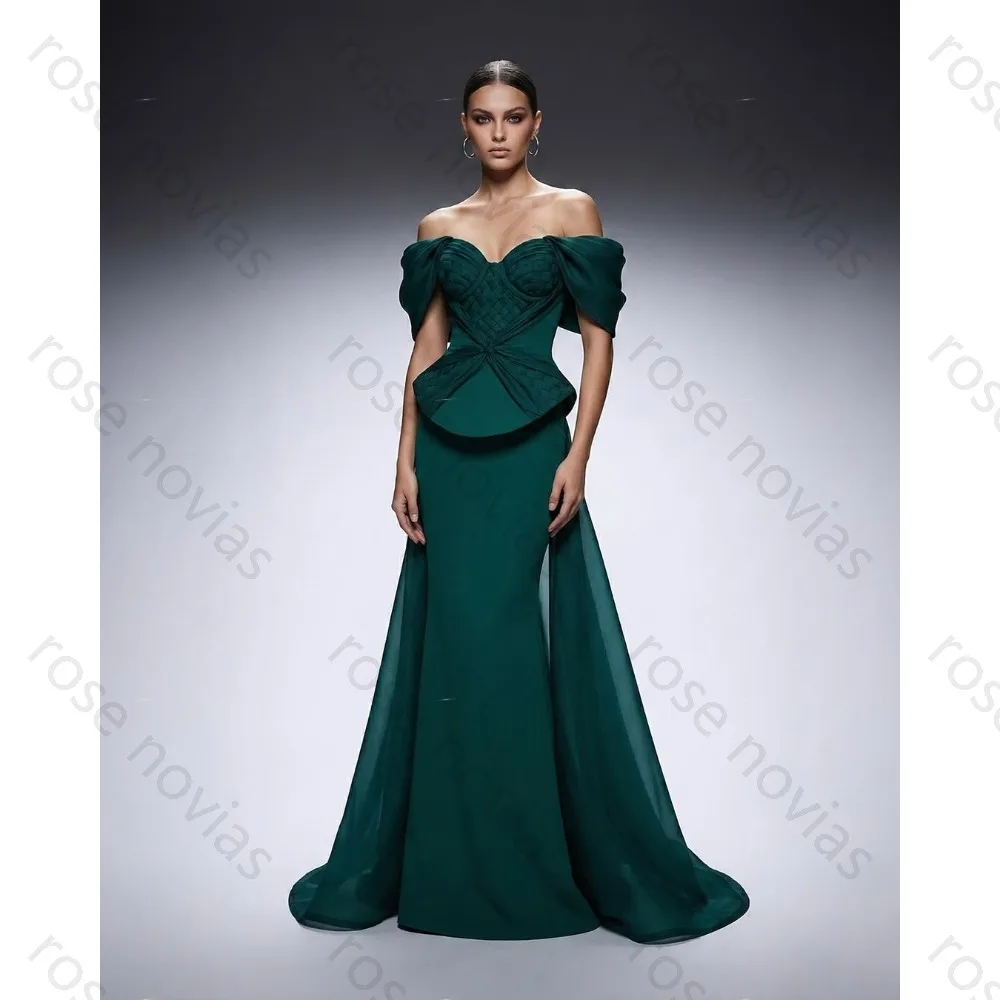 Emerald Formal Dress Off Shoulder Sweetheart Neck Beaded Crystal Peplum Waist Satin Mermaid Maxi Gown Women Evening Party