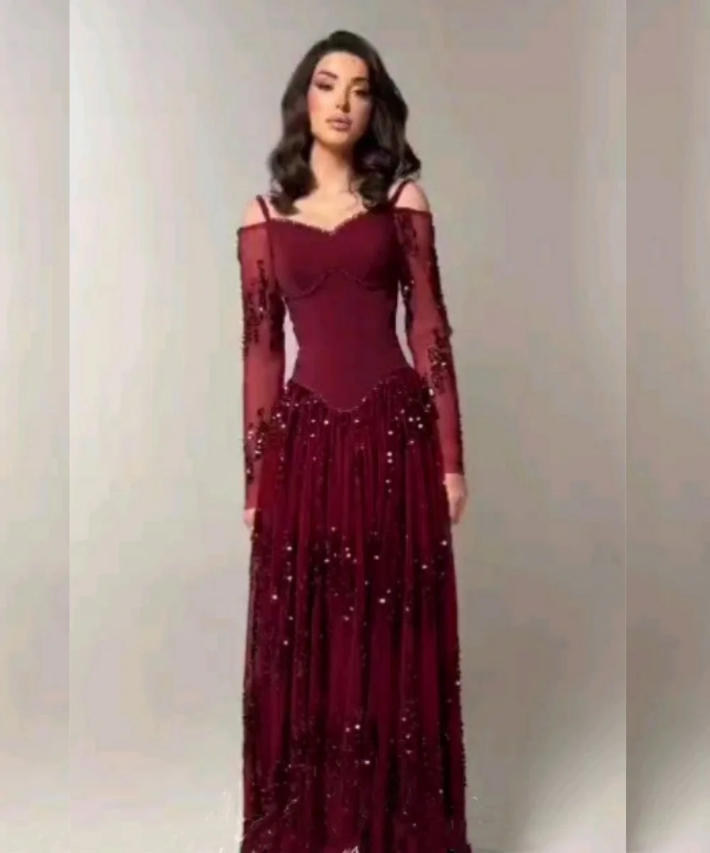 Customized Formal Jersey Pleat Sequined Pattern A-line Off-the-shoulder Long Bespoke Occasion Evening Dresses Exquisite