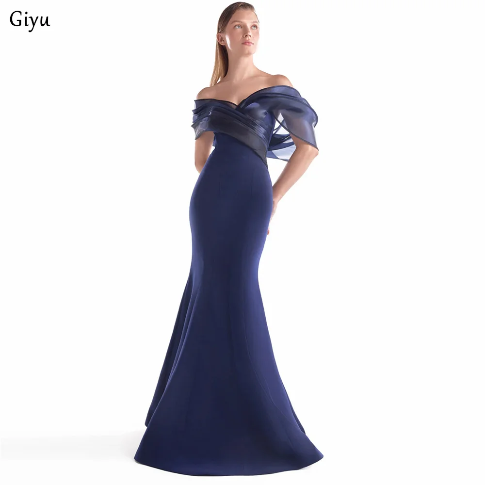 Giyu Customized Fashion Dark Blue Off the Shoulder Formal Evening Gown Mermaid Satin Wedding Party Dress Reception Dress ﻿