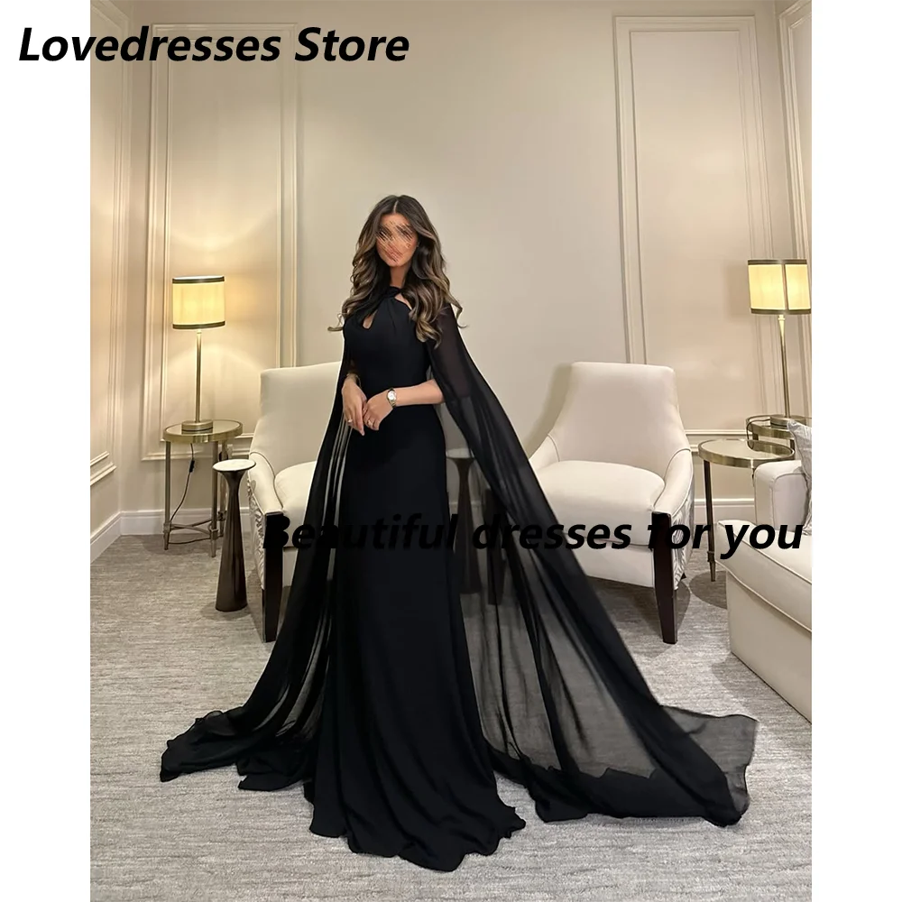 Black Chiffon Evening Dress Customized Halter Cape Floor Length A Line Formal Wedding Guest Gown Formal Occasion Dresses