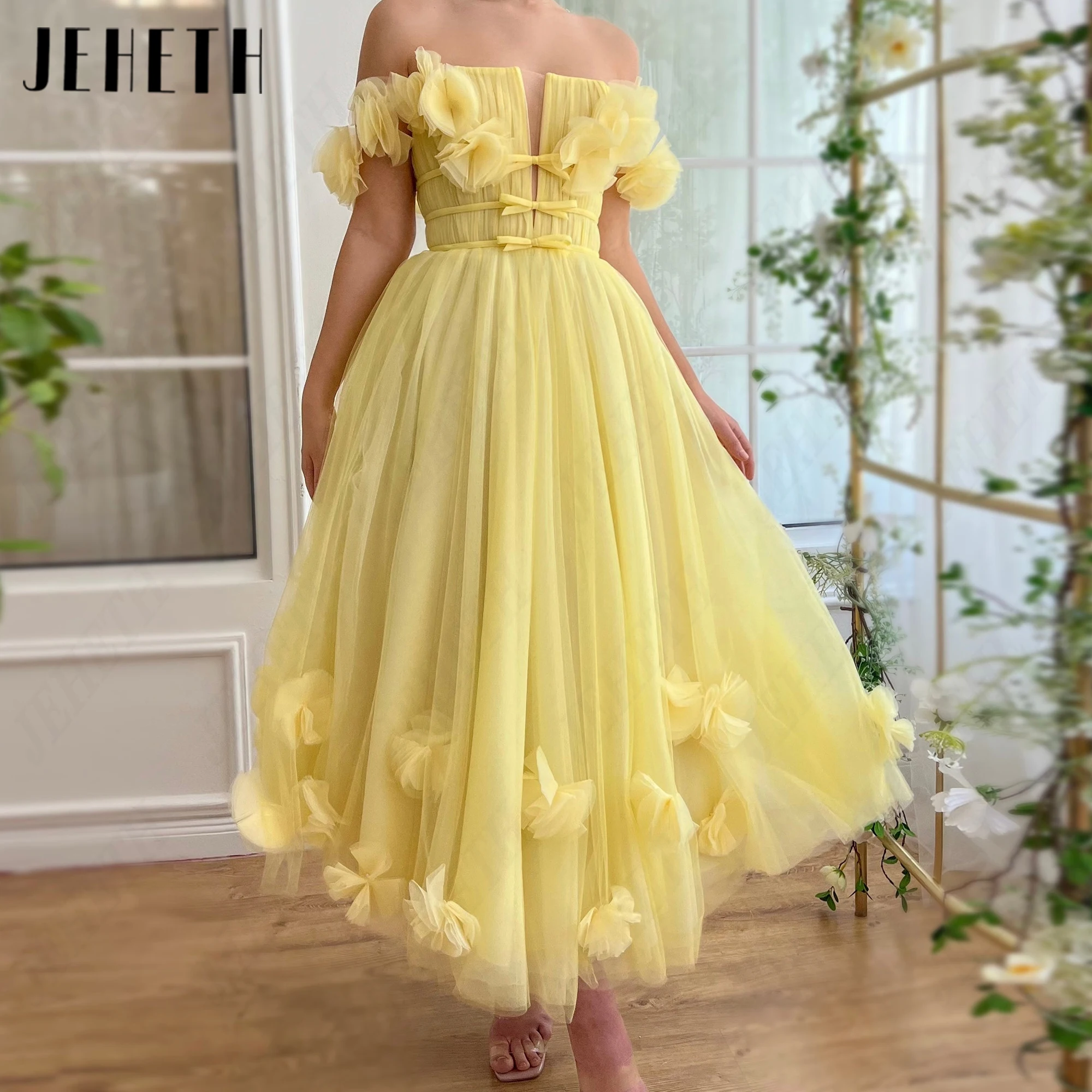 JEHETH Flower Tulle Prom Dress A-Line Bow Strapless Evening Gown For Women Off the Shoulder Pleated Party Gowns Customized