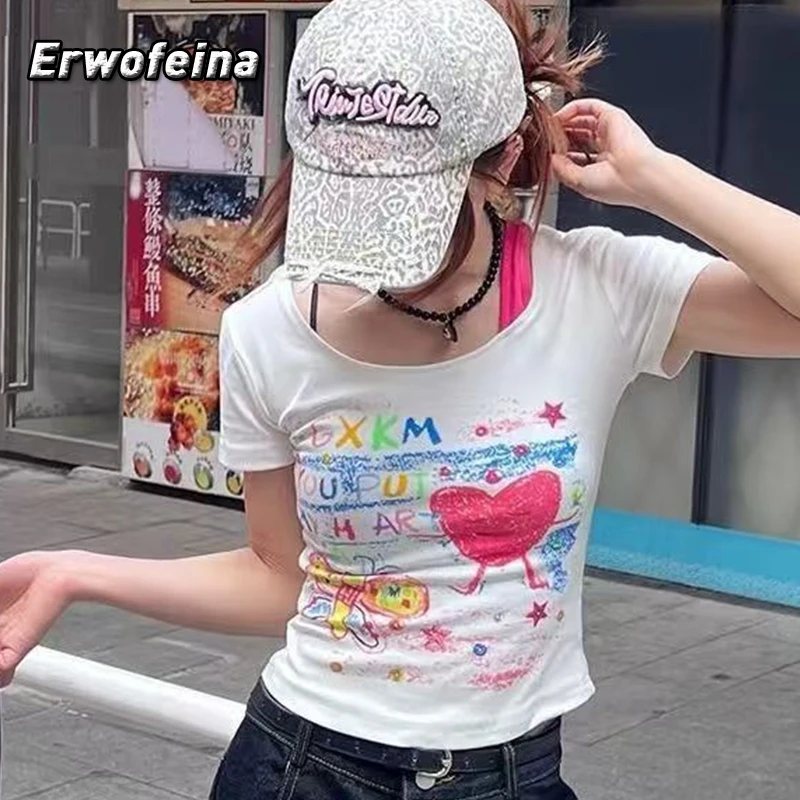 Erwofeina Hotsweet T-shirt Asymmetrical Skew Collar Female Clothing 2000s Clothes Y2k Korean Fashion Women Top Summer 2025 Tees