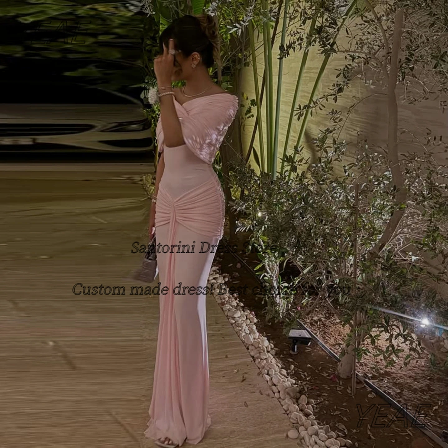 Santorini Pink Prom Dresses Off Shoulder Ruched Shawls Evening Party Gowns Zipper Back Special Occasion Dress Customized